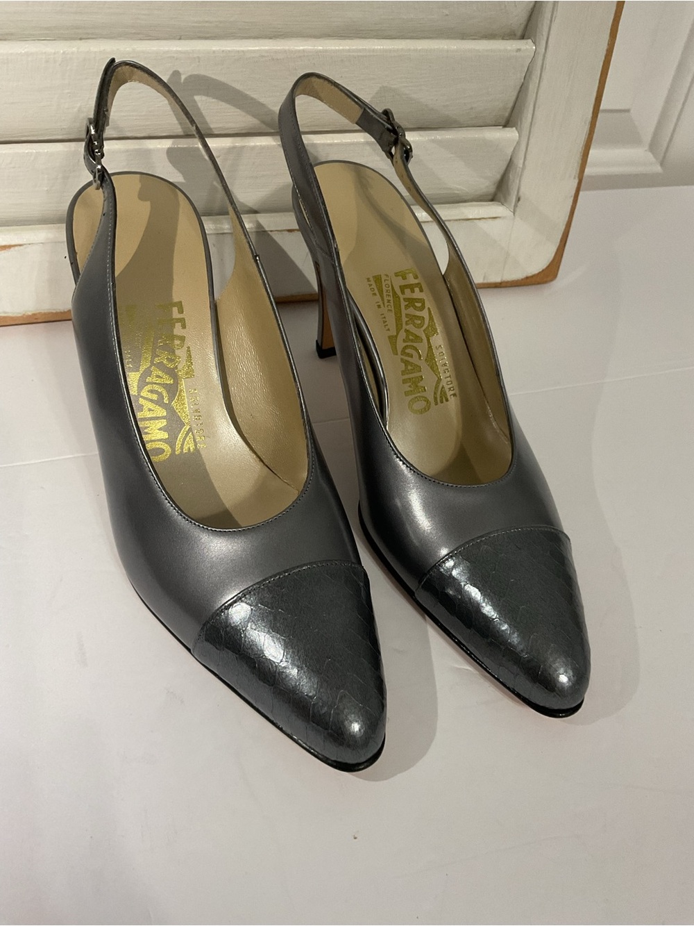 Salvatore Ferragamo Gray Pointed Slingback Pumps